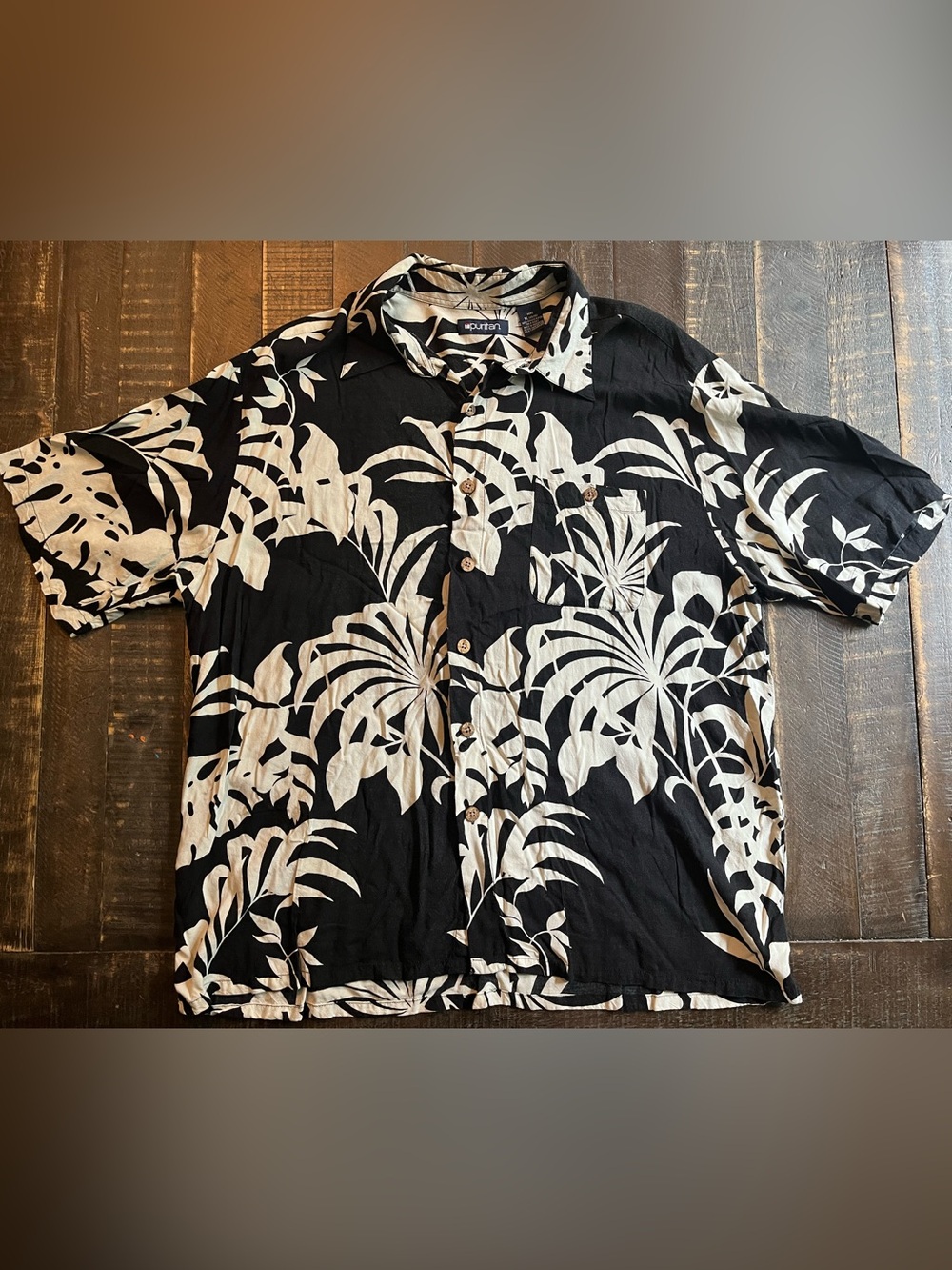 Puritan Black and White Tropical Print Short Sleeve Button-Down Viscose Shirt